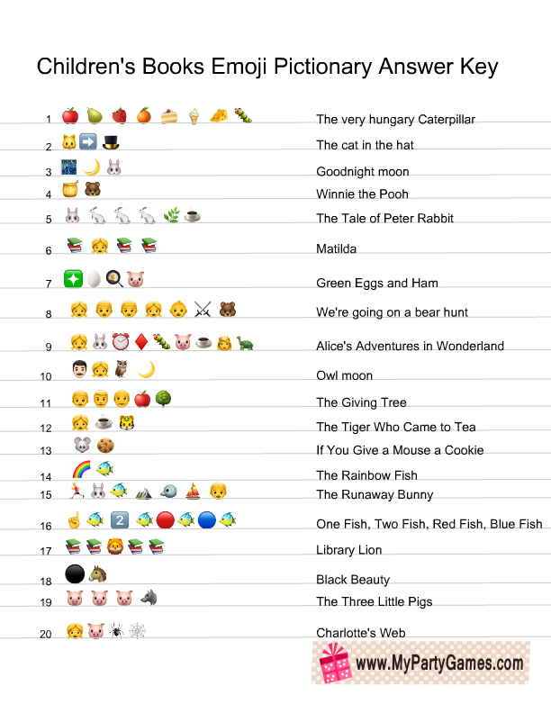 Free Printable Children’s Books Emoji Pictionary Quiz for Baby Shower