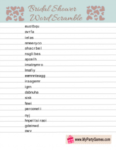 Free Printable Bridal Shower Word Scramble Game