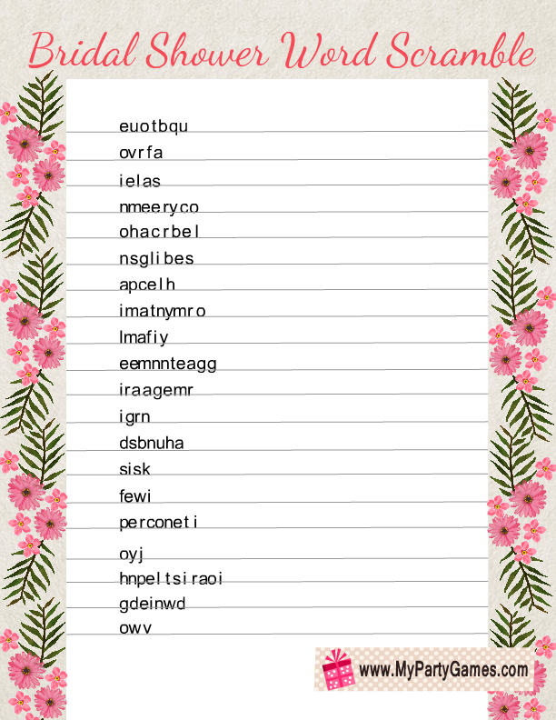 Free Printable Bridal Shower Word Mining Game