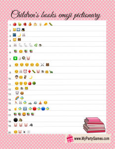 Children's Books Emoji Pictionary Quiz Printable in Pink Color