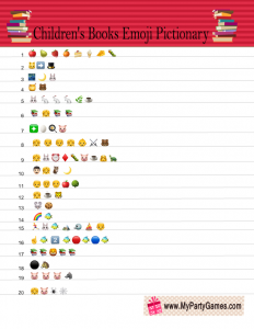 Children's Books Emoji Pictionary Quiz Printable in Red Color