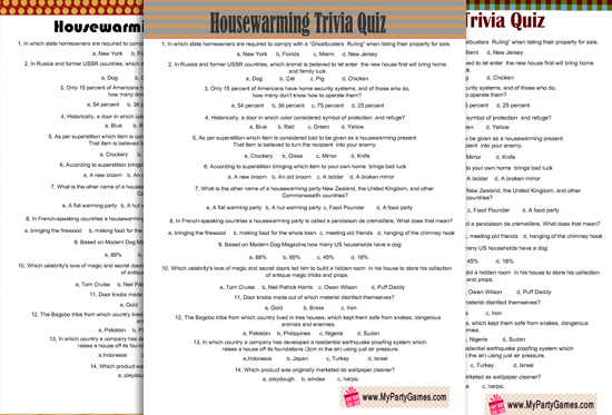 Free Printable Housewarming Trivia Quiz with answer key