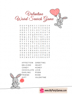 Free Printable Valentine Word Search Game with Cute Bunny Rabbit 