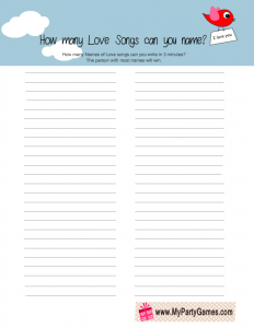 How many Love Songs Can you Name Game Printable