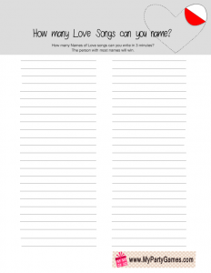 How many Love Songs Can you Name Game Printable