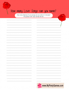 Free Printable How many Love Songs can you Name Game with a Rose
