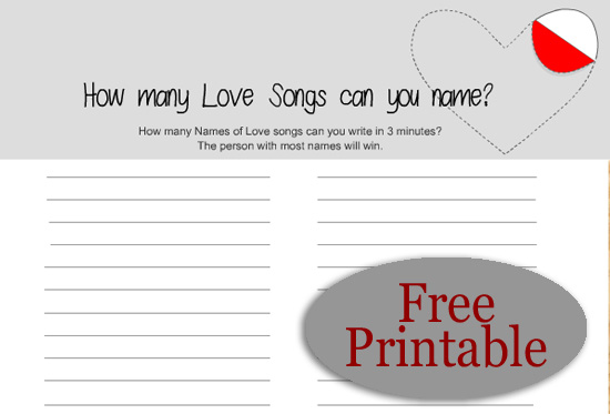 Free Printable How Many Love Songs Can you Name? Game