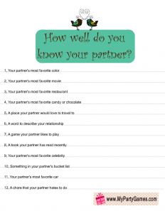 How Well do you know your Partner? Free Printable 