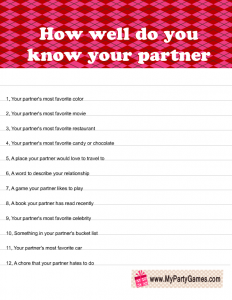 How Well do you know your Partner? Printable Valentine's Day Game