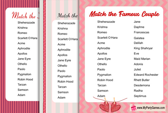 Match the Famous Couple, Free Printable Game