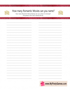 Romantic Movies Names, Free Printable Game