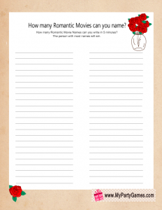 Free Printable How Many Romantic Movies Can you Name Game