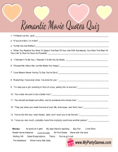 Free Printable Romantic Movie Quotes Quiz for Valentine's Day