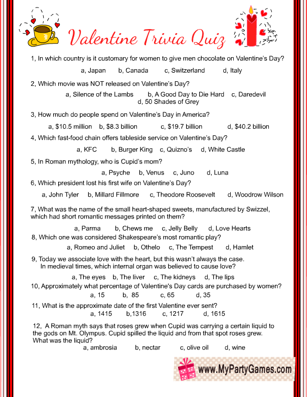 Free Printable Valentine Trivia Game With Answer Key