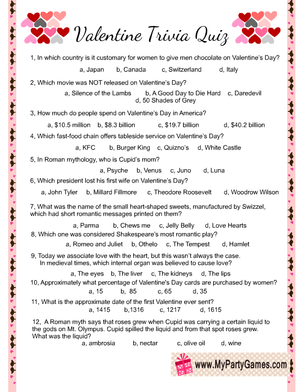 Free Printable Valentine Trivia Game With Answer Key My Party Games