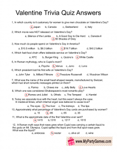 Valentine Trivia Quiz Answer Key