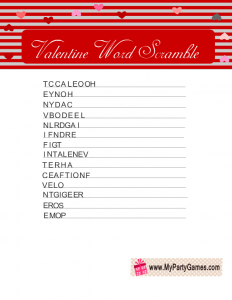 Word Scramble Game for Valentine's Day