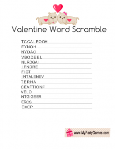 Valentine Word Scramble Game Printable with Image of Puppies