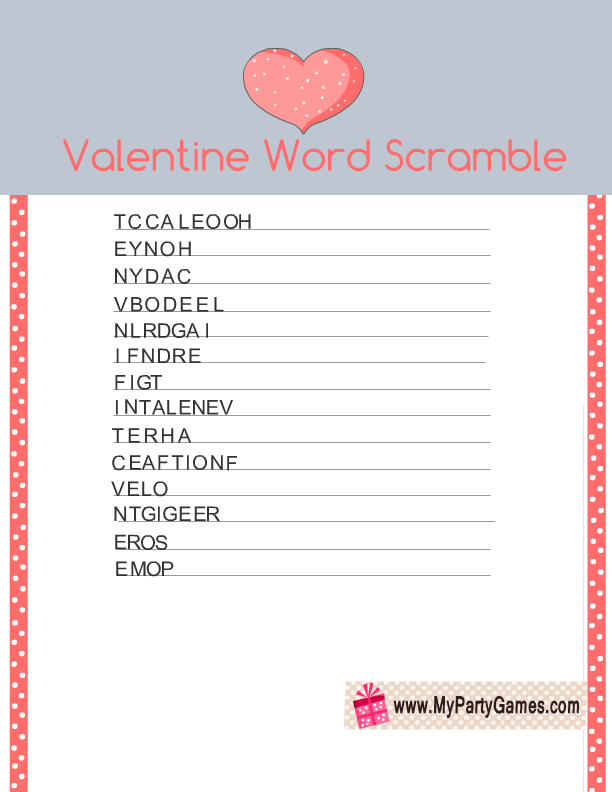Free Printable Valentine Word Scramble Game