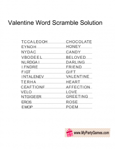 Free Printable Valentine Word Scramble Game Solution