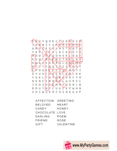 Valentine Word Search Game Answer Key