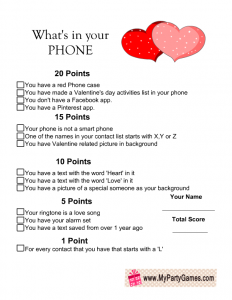 What's in Your Phone Game for Valentine's Day Free Printable