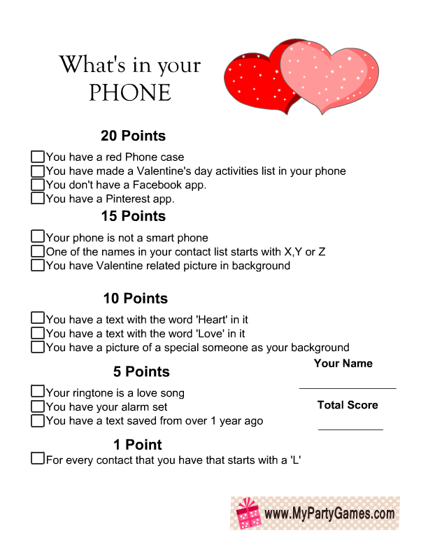 Free Printable What’s in Your Phone Game for Valentine’s Day