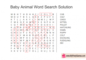Baby Animal Word Search Answer Key