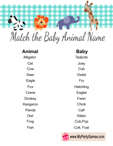 Match the Baby Animal Name Game Free Printable for Baby Shower