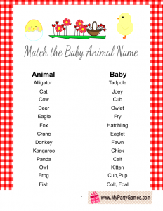 Match the Baby Animal Name, Free Printable Spring and Easter Game