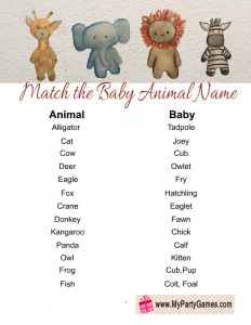 Free Printable Match the Baby Animal Name Game