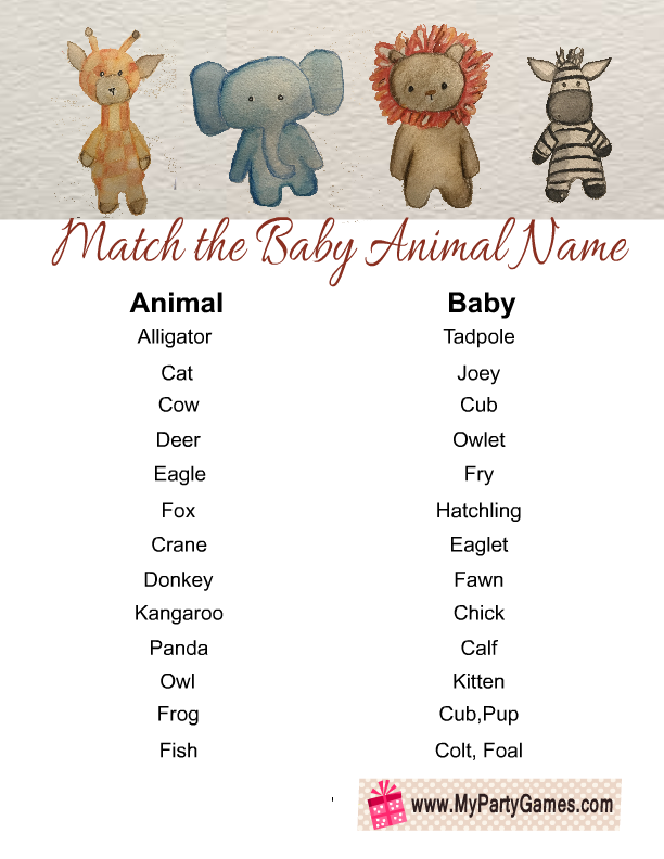 Free Printable Match The Baby Animal Name Game