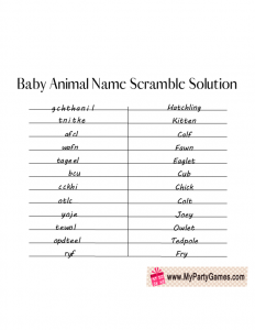Baby Animal Name Scramble Answer Key