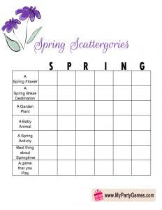 Free Printable Spring Scattergories Game with the Word 'Spring'
