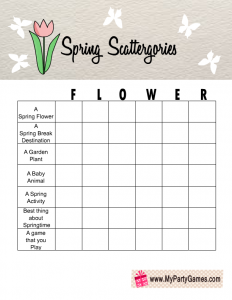 Free Printable Spring Scattergories Game with the Word 'Flower'