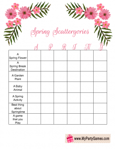 Free Printable Spring Scattergories Game with the Word 'Spring'