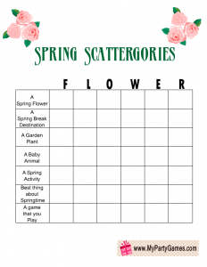 Free Printable Spring Scattergories Game with the Word 'Flower'