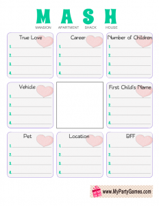 Free Printable MASH Game for Girl's Slumber Party