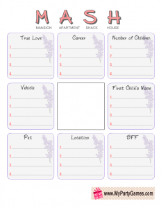 Free Printable MASH Game for Girls