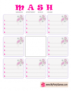 MASH, Free Printable Party Game for Girls (Template)
