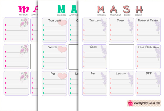 Free Printable Mash Game for Girls Slumber Party