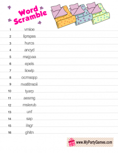 Free Printable Slumber Party Word Scramble Puzzle