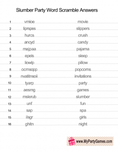 Slumber Party Word Scramble Answer Key