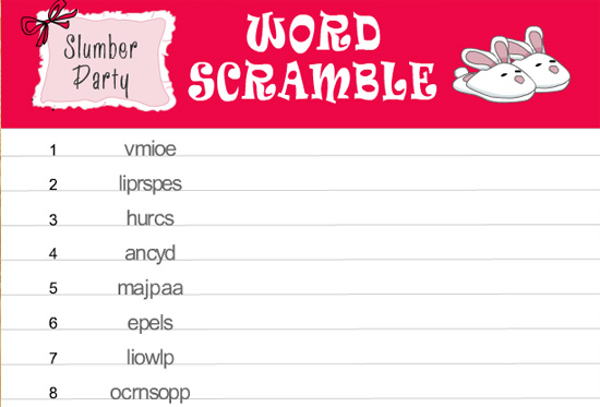 Free Printable Slumber Party Word Scramble Puzzle