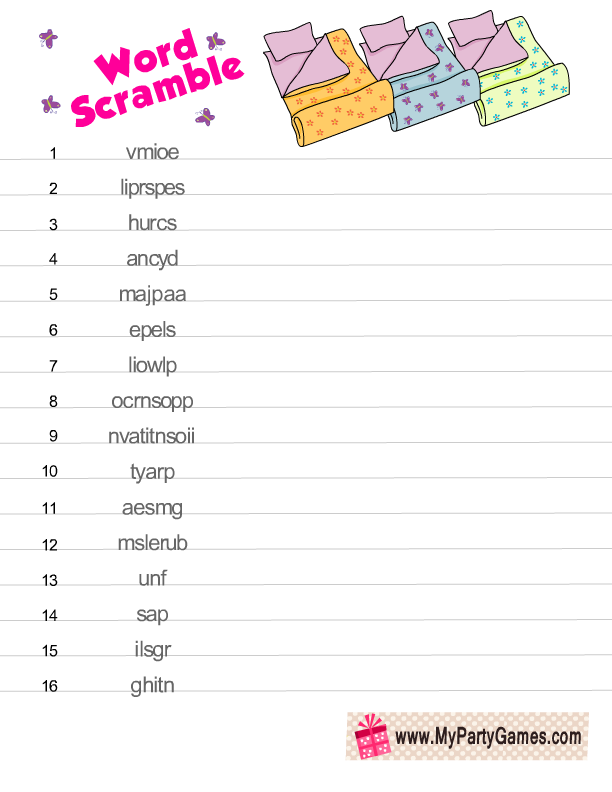 free printable slumber party word scramble puzzle