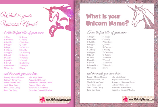 Free Printable What is your Unicorn Name? Game