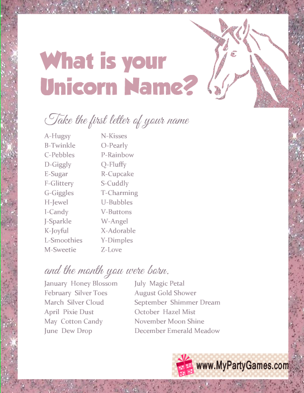 Free Printable What is your Unicorn Name? Game