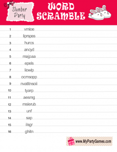 Sleepover or Spa Party Word Scramble Game Printable