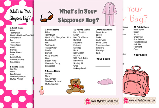 Free Printable What's in your Sleepover Bag? Slumber Party Game for Girls