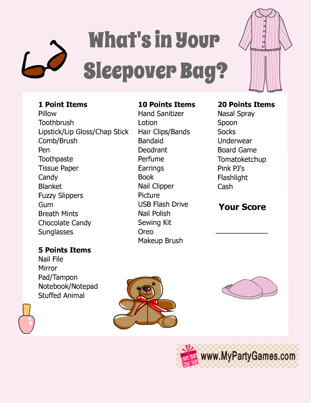 Free Printable What S In Your Sleepover Bag Slumber Party Game For Girls